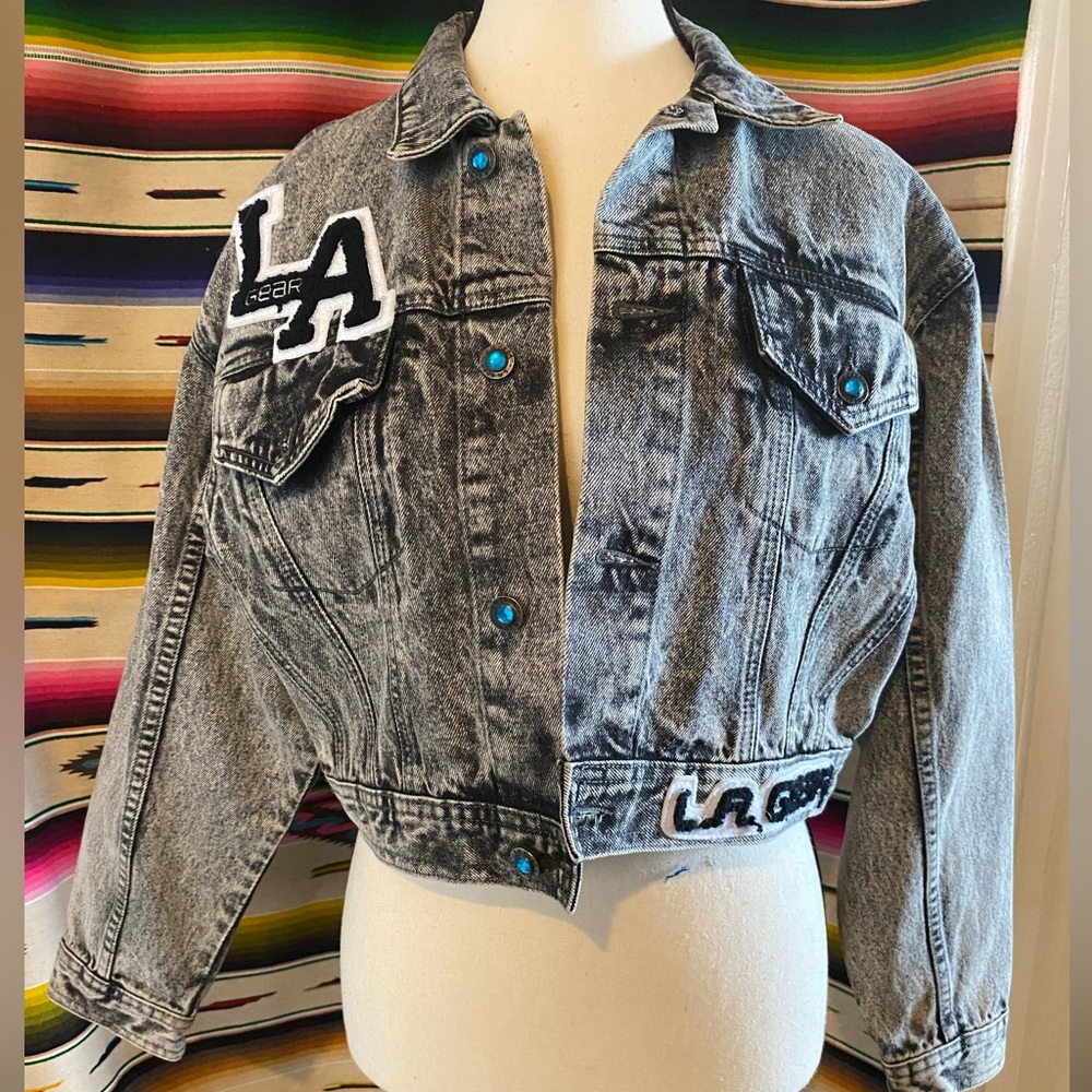RARE 80s VINTAGE LA GEAR BLACK ACID WASH DENIM CROPPED JACKET - Picture 1 of 9